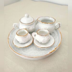 Micro Porcelain Tea Set Display White Gold Trim Tea Party Dollhouse Mini Size